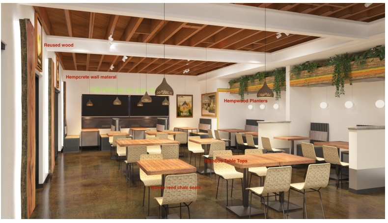 Energy-efficient LED hanging lights and sustainable reclaimed materials in a modern dining room